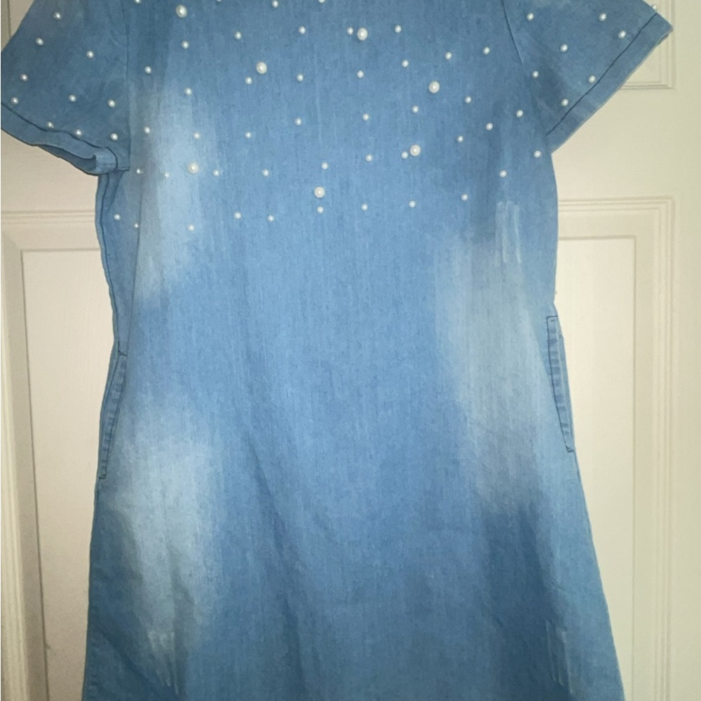 Blue Denim Dress with Pearl Accents